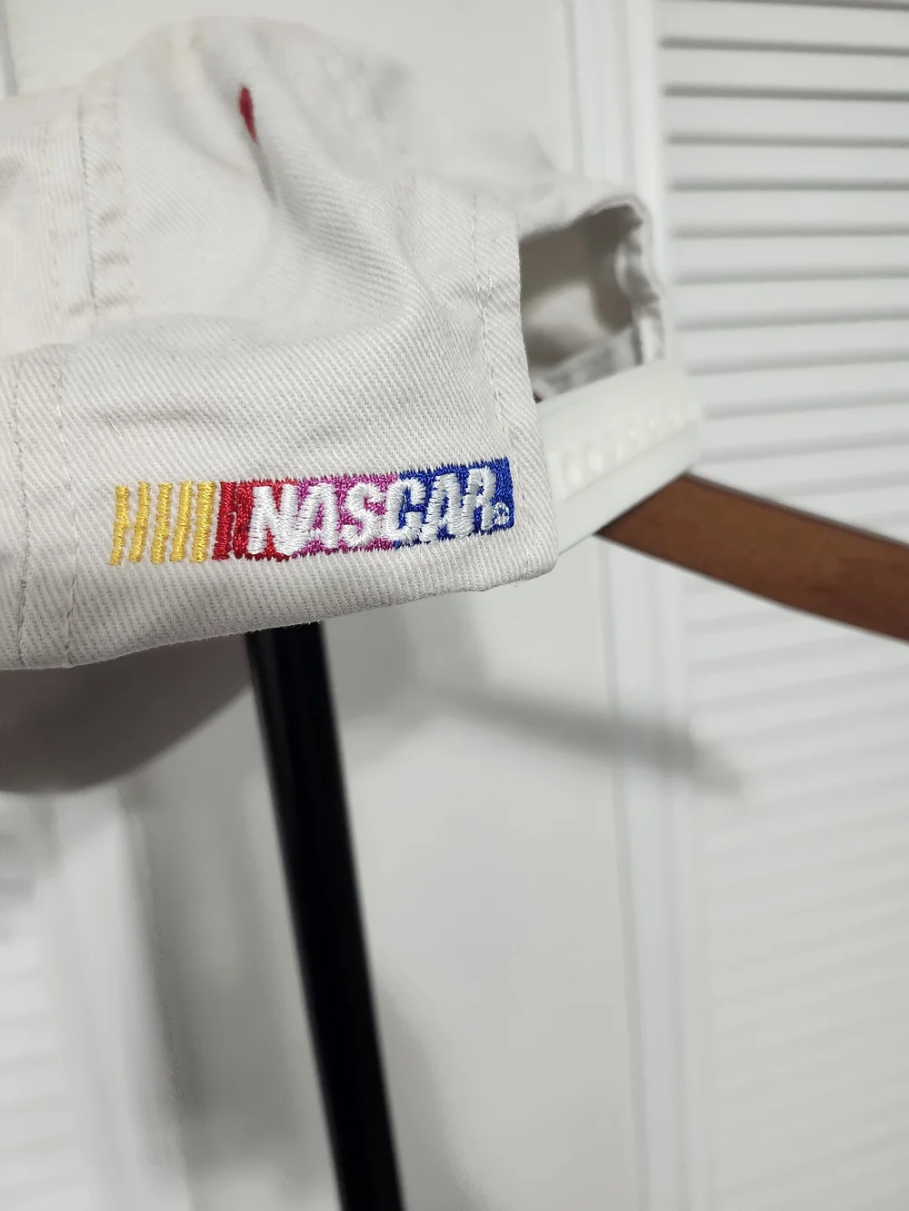 Nascar White Hat with Red Stripe and Black Accents